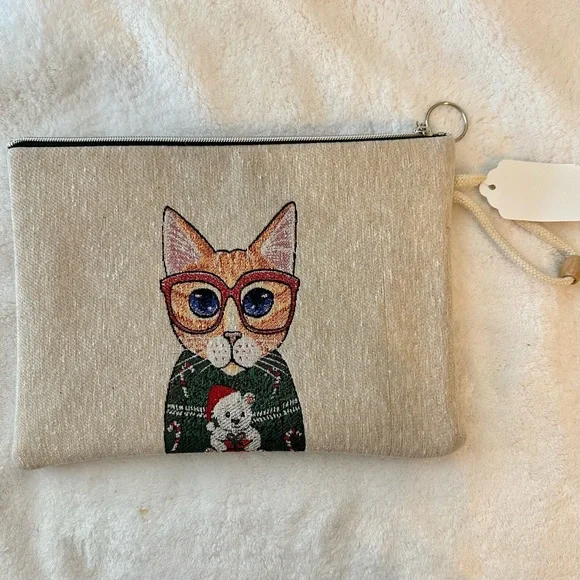 NWT Pearls & Textiles Double Sided Cat with Glasses Cosmetics Bag - Picture 2 of 2